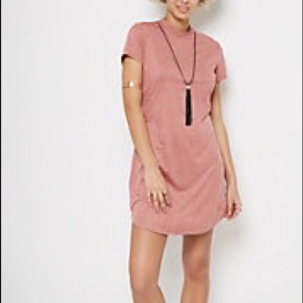 Pink Mock Neck Faux Suede Dress & Necklace